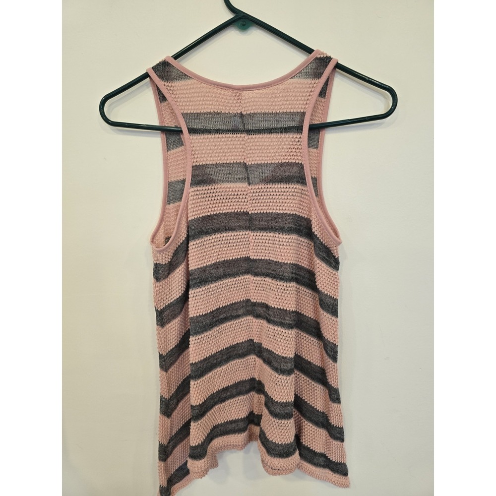 Y2K Knit Sheer Tank Top Womens M Pink Gray Striped Boho Sharkbite Hem Coastal - Picture 5 of 5